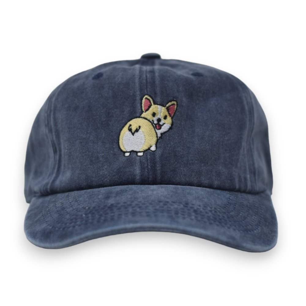 Corgi Dog Embroidered 6 Panel Unstructured Adjustable Dad Hat - Navy
